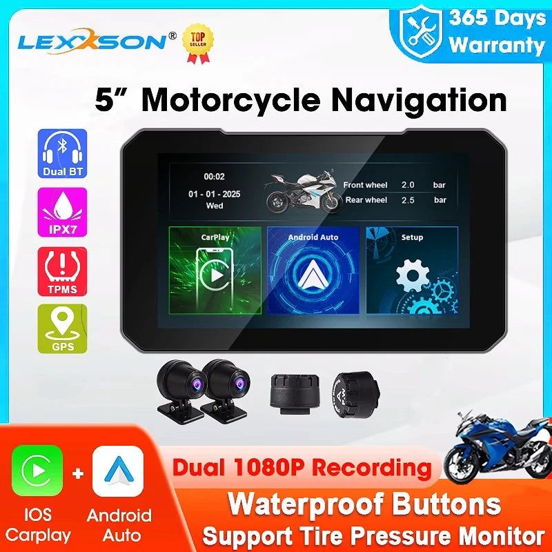 Portable 5 inch IP67 Waterproof Motorcycle GPS Navigation Wireless Carplay Android Auto DV | AUTOKITSHOP