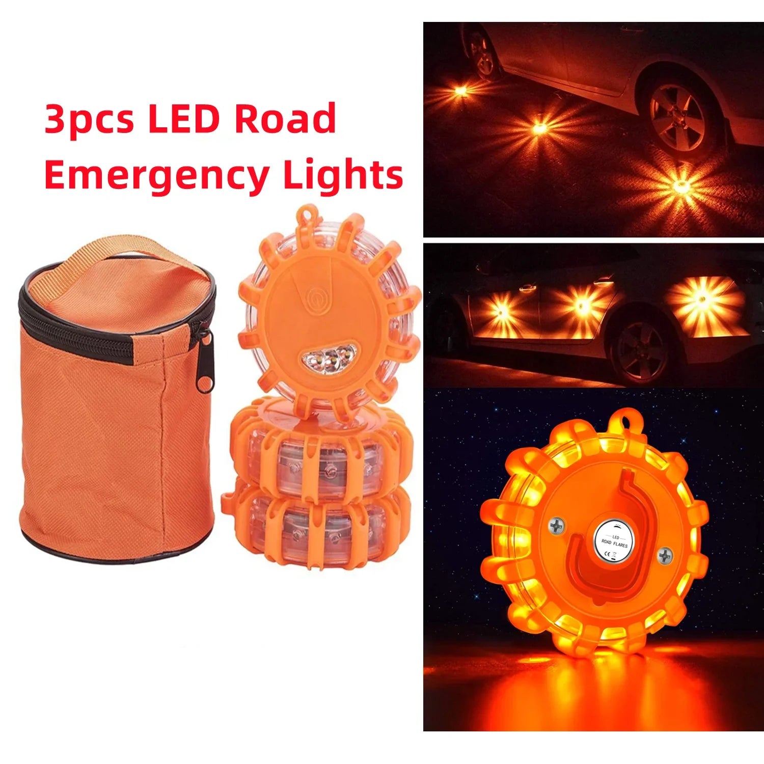 Red LED Road Flare Emergency Lights Roadside Safety Beacon Disc Flashing Warning Flare Kit