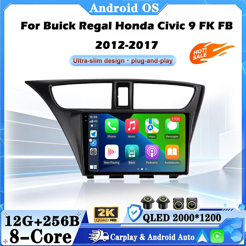 For Buick Regal Honda Civic 9 FK FB 2012-2017 9' Android 16 Auto Radio Multimedia Car Radi