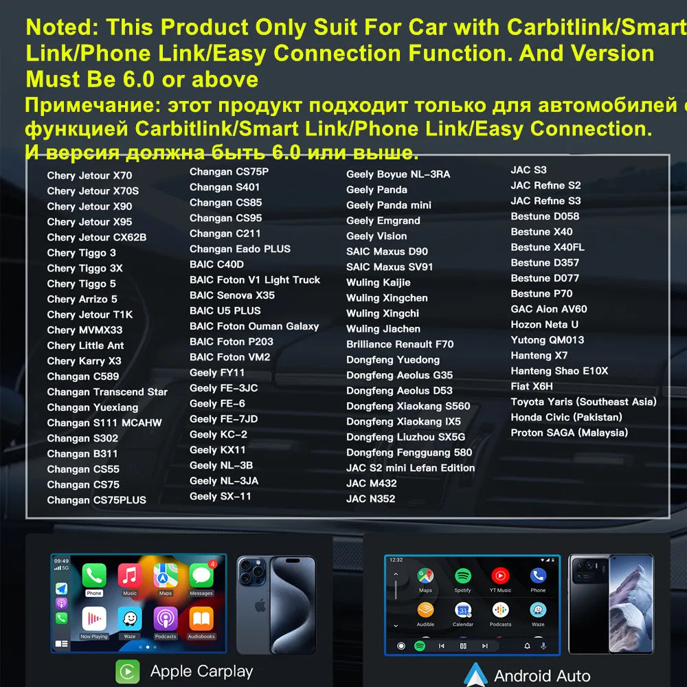 Carbitlink Smartlink Phonelink Easy to Wireless CarPlay Android Auto Adapter for JAC Geely
