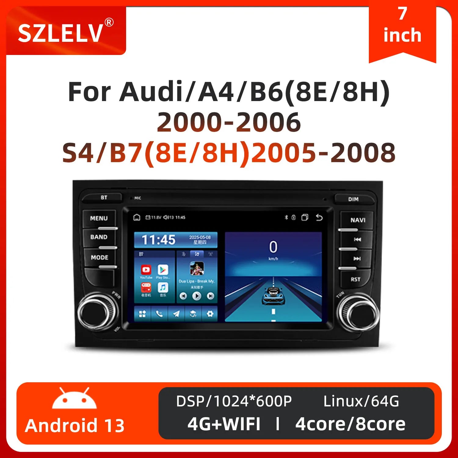 7 Inch Wireless CarPlay Android Multimedia Radio Display with GPS Antenna for Audi A4 B6 2