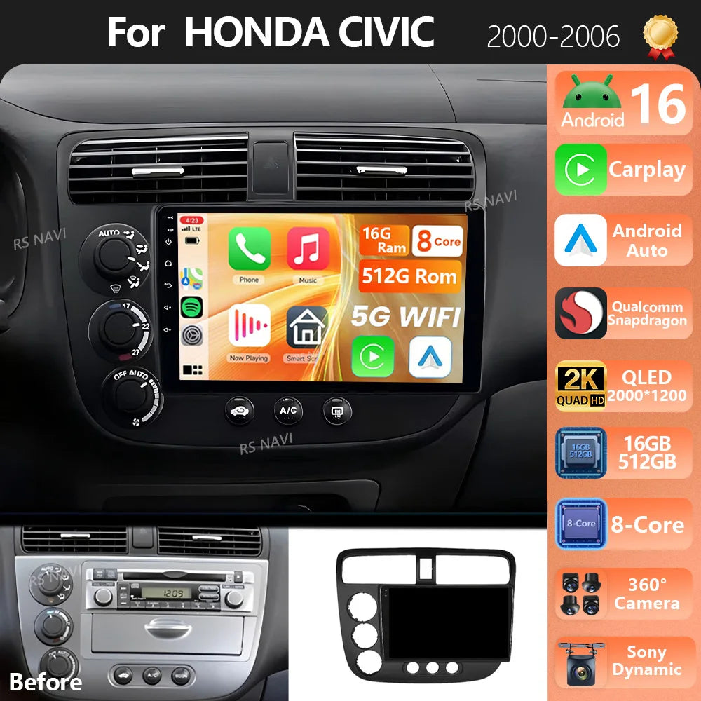 Plug and Play Android 16 Carplay Auto Car Radio Multimedia Player For Honda Civic 7 2000 -