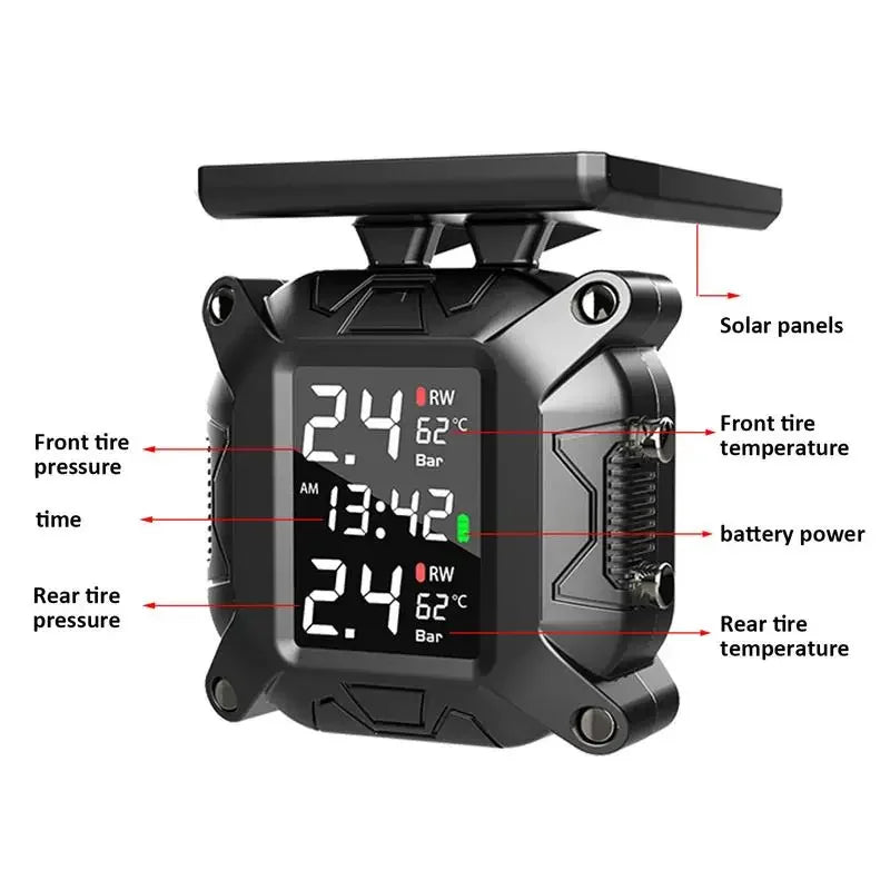 Motorcycle TPMS Solar Power Tire Pressure Monitor Real Time Tire Pressure Monitoring System Temp - Automotive LED Light