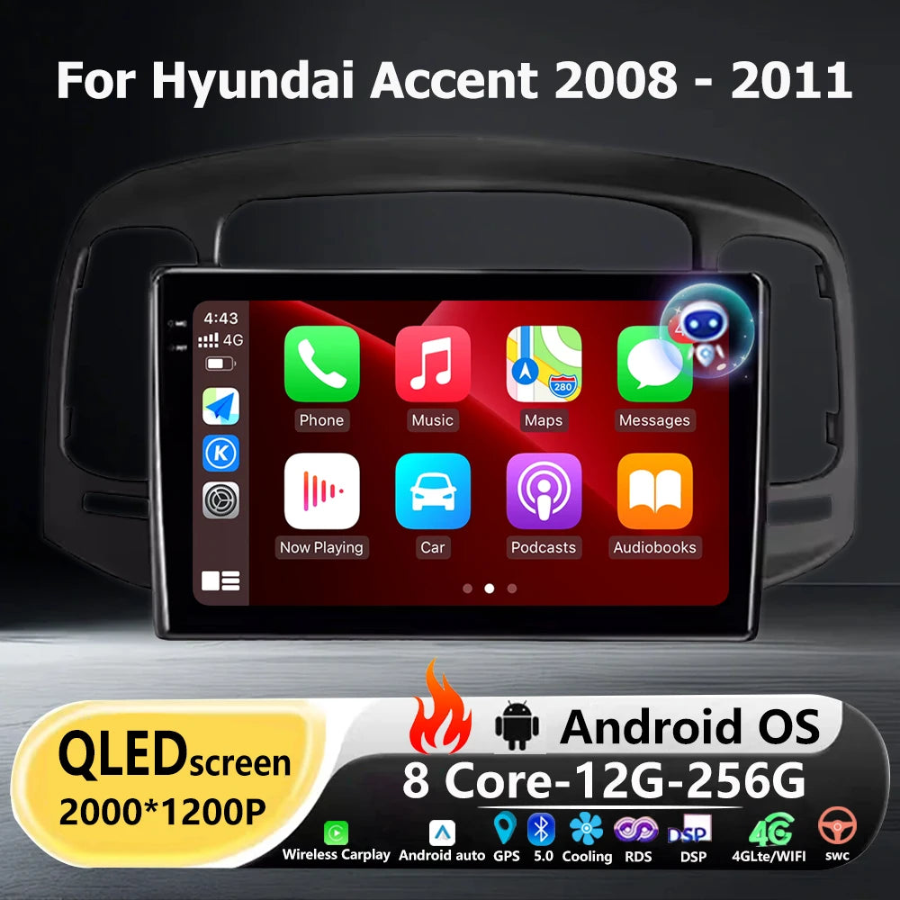 Wireless Carplay For Hyundai Accent 2008 - 2011 Android 16 Auto Car Radio Multimedia Video