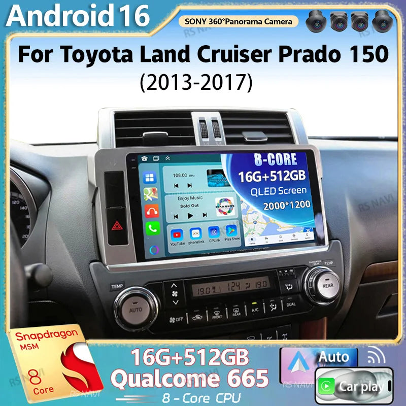 Android 16 For Toyota Land Cruiser Prado 150 2013 - 2017 2K QLED Android Car Radio Multime