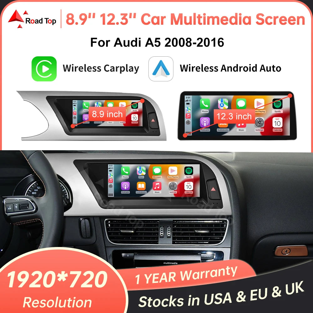 Road Top 1920*720 Multimedia Touch Screen Wireless CarPlay Android Auto for Audi A5 2008-2 | AUTOKITSHOP