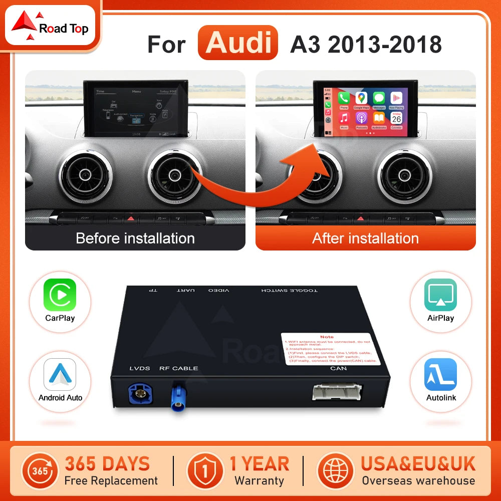 RoadTop Wireless CarPlay Decoder For Audi A3 2013-2018 with Android Auto AirPlay Mirror Li | AUTOKITSHOP