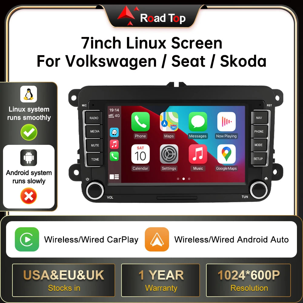 Road Top 7" HD Car Radio Wireless CarPlay Android Auto Stereo Audio For Volkswagen Seat Sk
