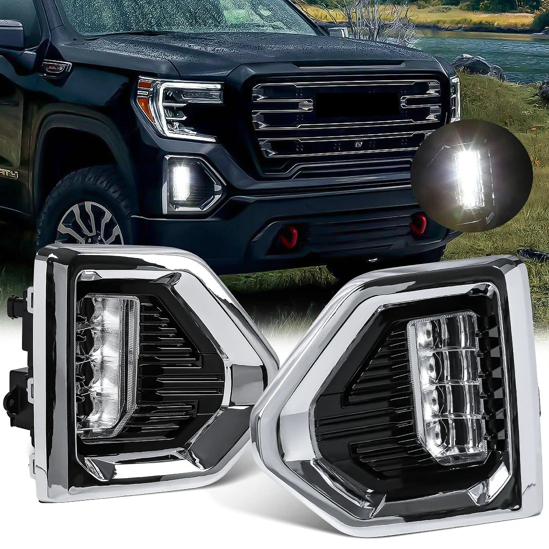 Fog Lights Lamp LED White Chrome Bezels For GMC Sierra 1500 Denali 2019-2022 | AUTOKITSHOP