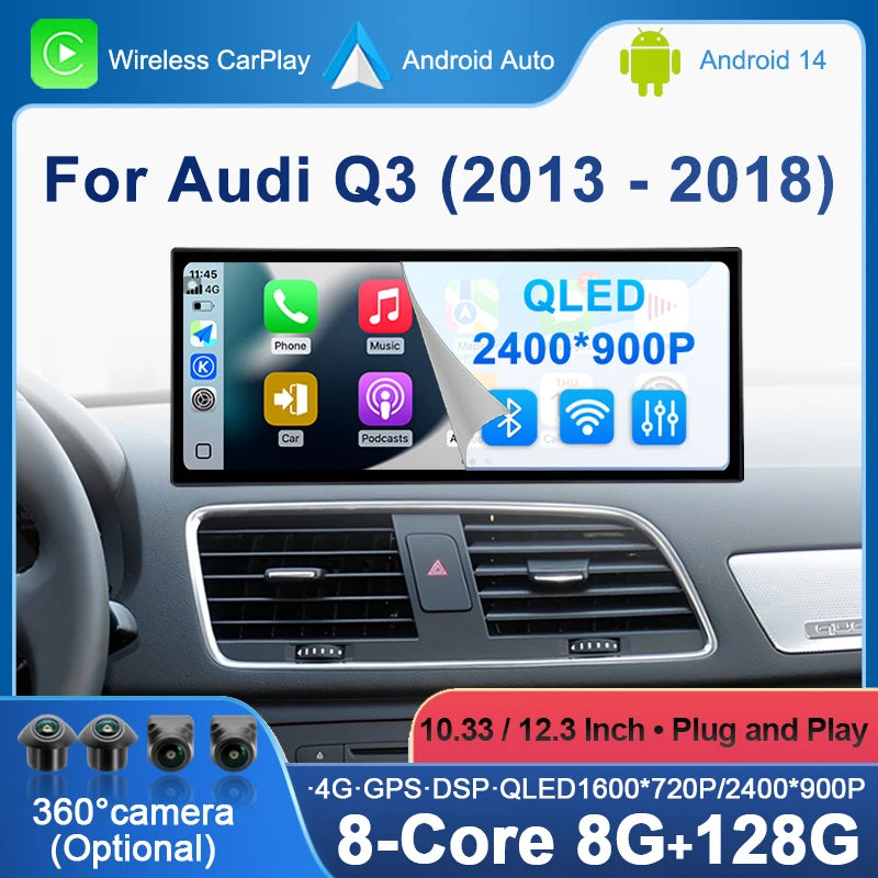 Android 14 System Car Radio Multimedia DSP Stereo For Audi Q3 2013-2018 WIFI 4G QLED Touch