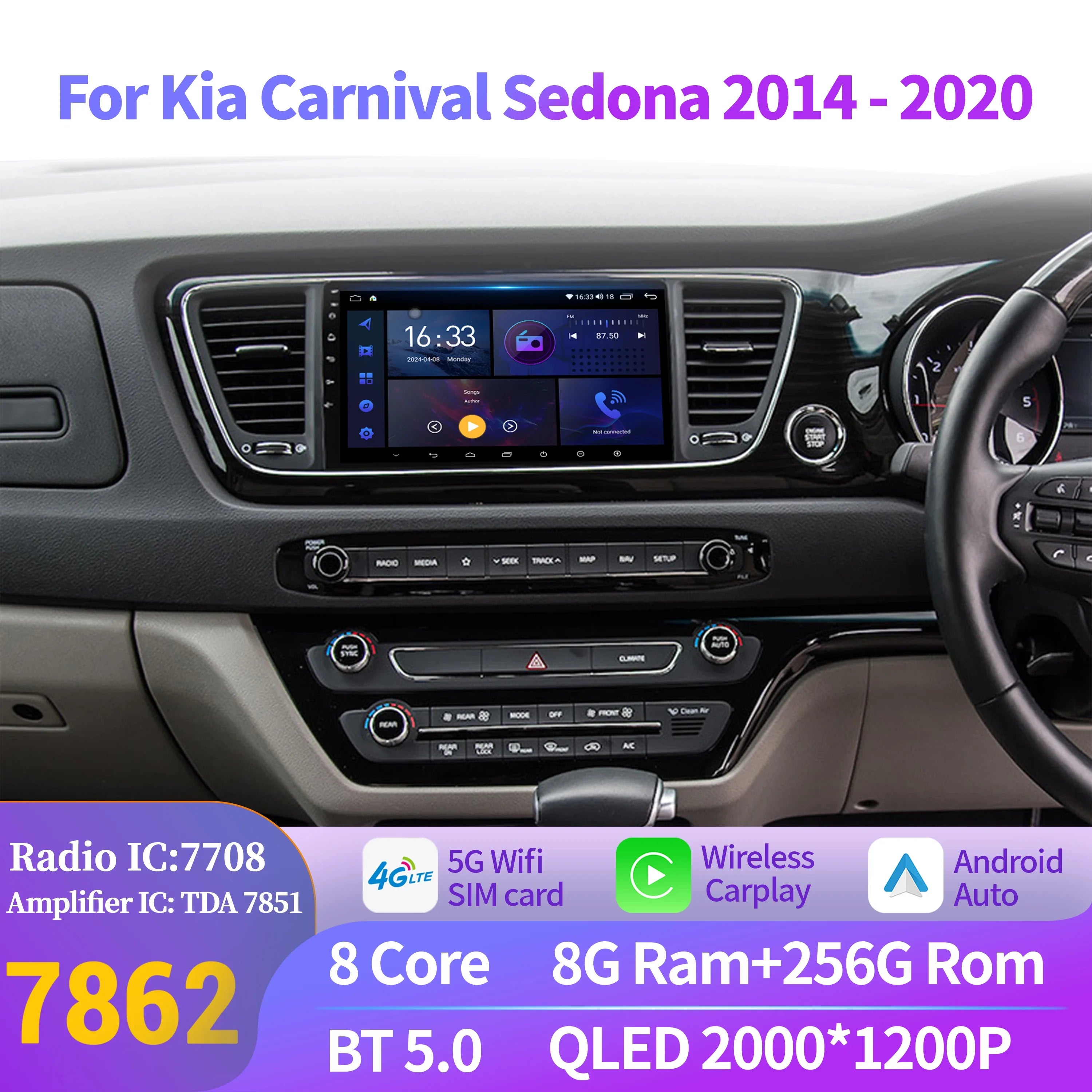 For Kia Carnival Sedona 2014-2020 Wireless BT CarPlay Android 14 Radio Car Multimedia 7862