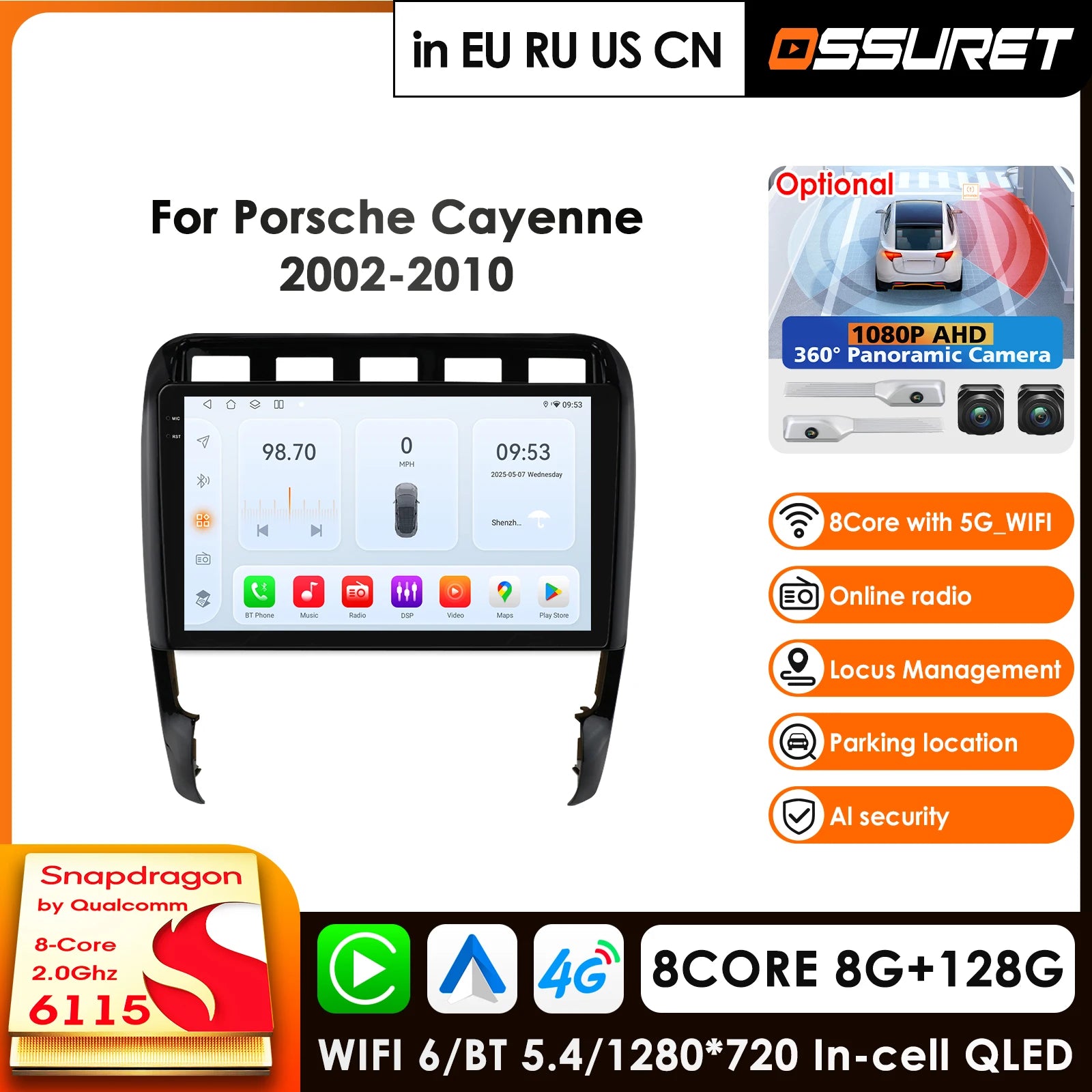 9" Car Radio GPS for Porsche Cayenne 2002-2010 with Carplay Android Auto DSP