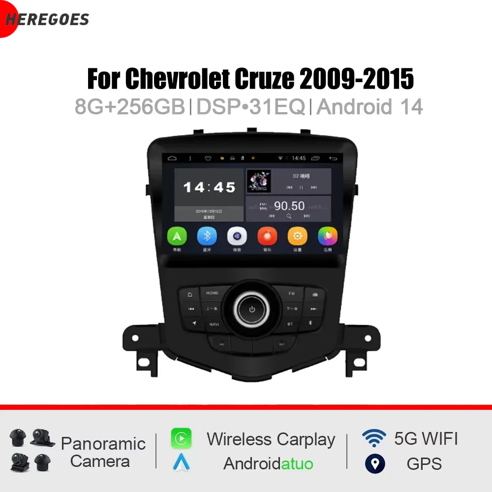 9" CarPlay DSP Android 15 8 Core 12GB RAM 256GB ROM Car Radio GPS WiFi Multimedia Player for Chevrolet Cruze 2009-2015 -