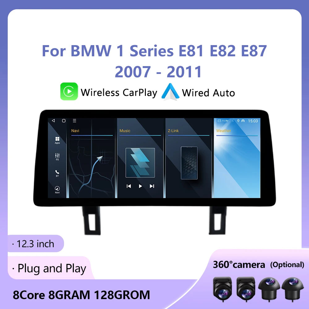 12.3inch Android For BMW 1 Series E81 E82 E87 2007 - 2011 Wireless CarPlay Car Video Multi