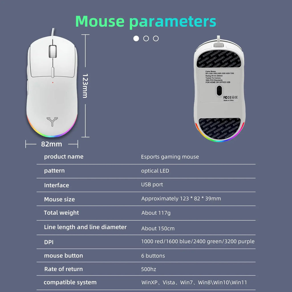 Silent Wired Esports Mouse with 6 RGB Lighting Modes High-Fidelity Audio Lightweight Ergon