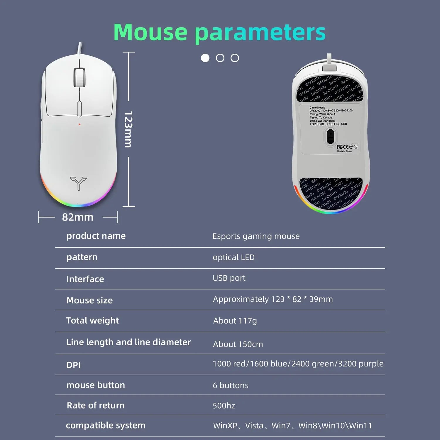 Silent Wired Esports Mouse with 6 RGB Lighting Modes High-Fidelity Audio Lightweight Ergon