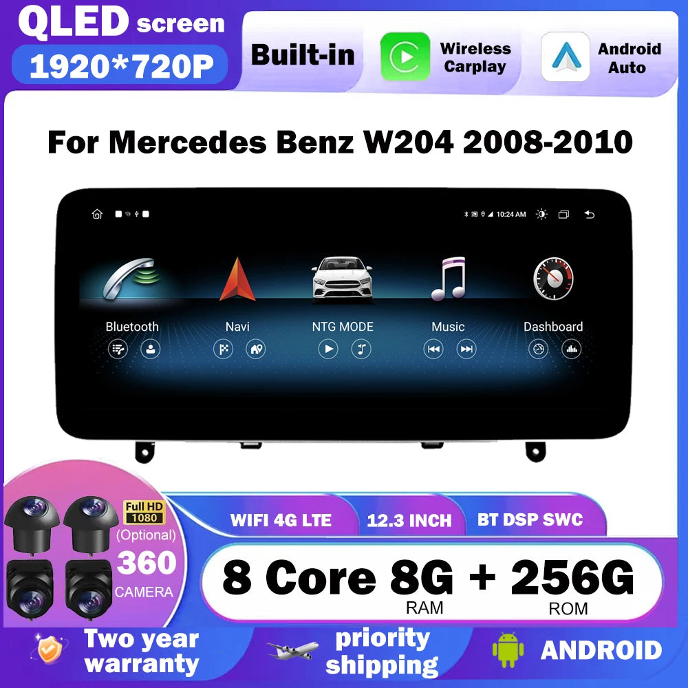 12.3" For Mercedes Benz W204 C200 C300 2008-2010 NTG 4.0 Carplay Auto Car Raido 4G GPS Nav