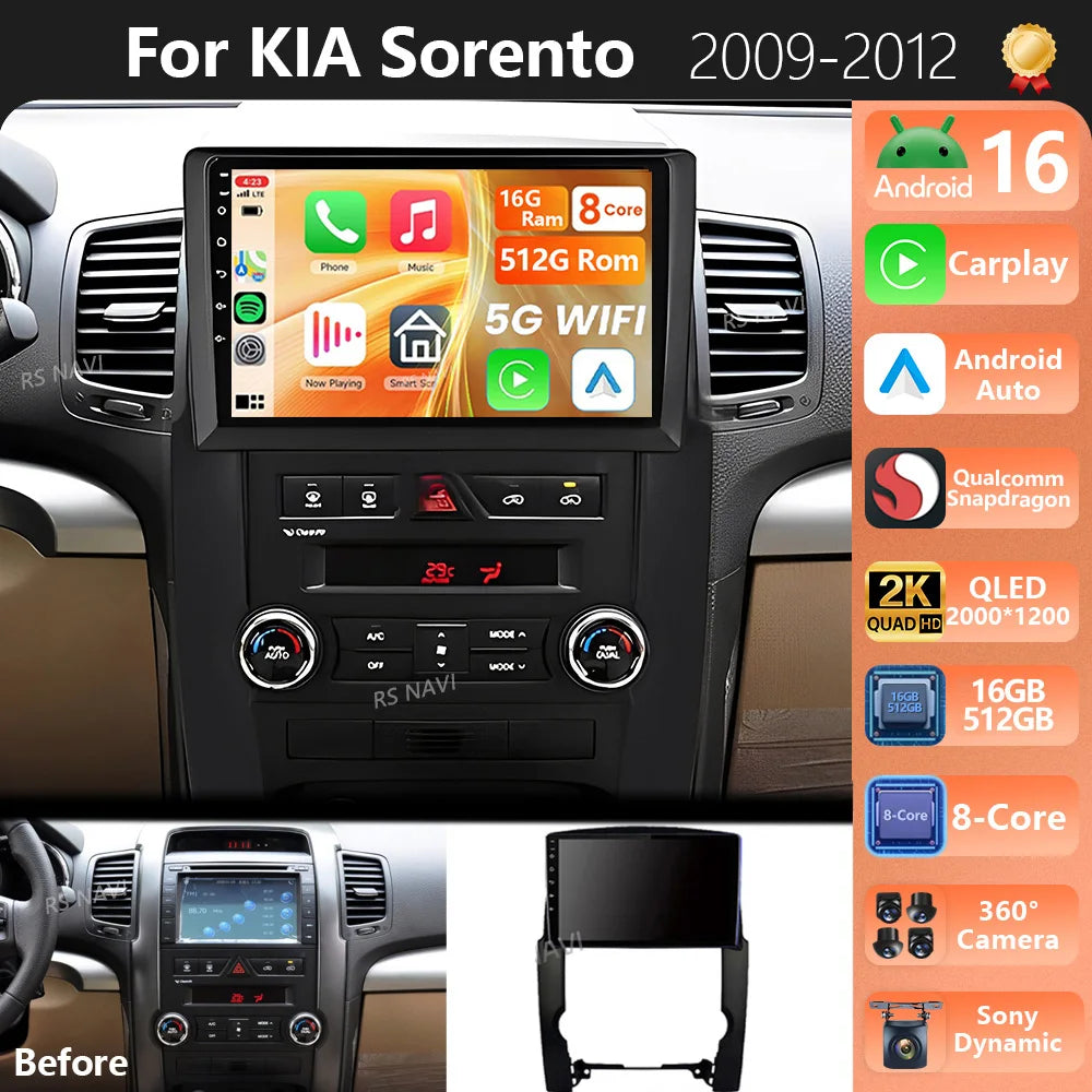 Plug and Play Android 16 For Kia Sorento 2 XM 2009 - 2012 2K QLED Android Car Radio Multim