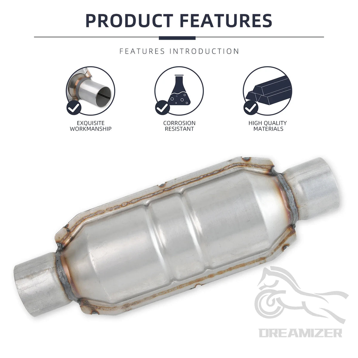 Universal 2.5"/63mm Exhaust Catalytic Converters Stainless Steel Catalytic Converter w/Guard Shi - Automotive LED Light