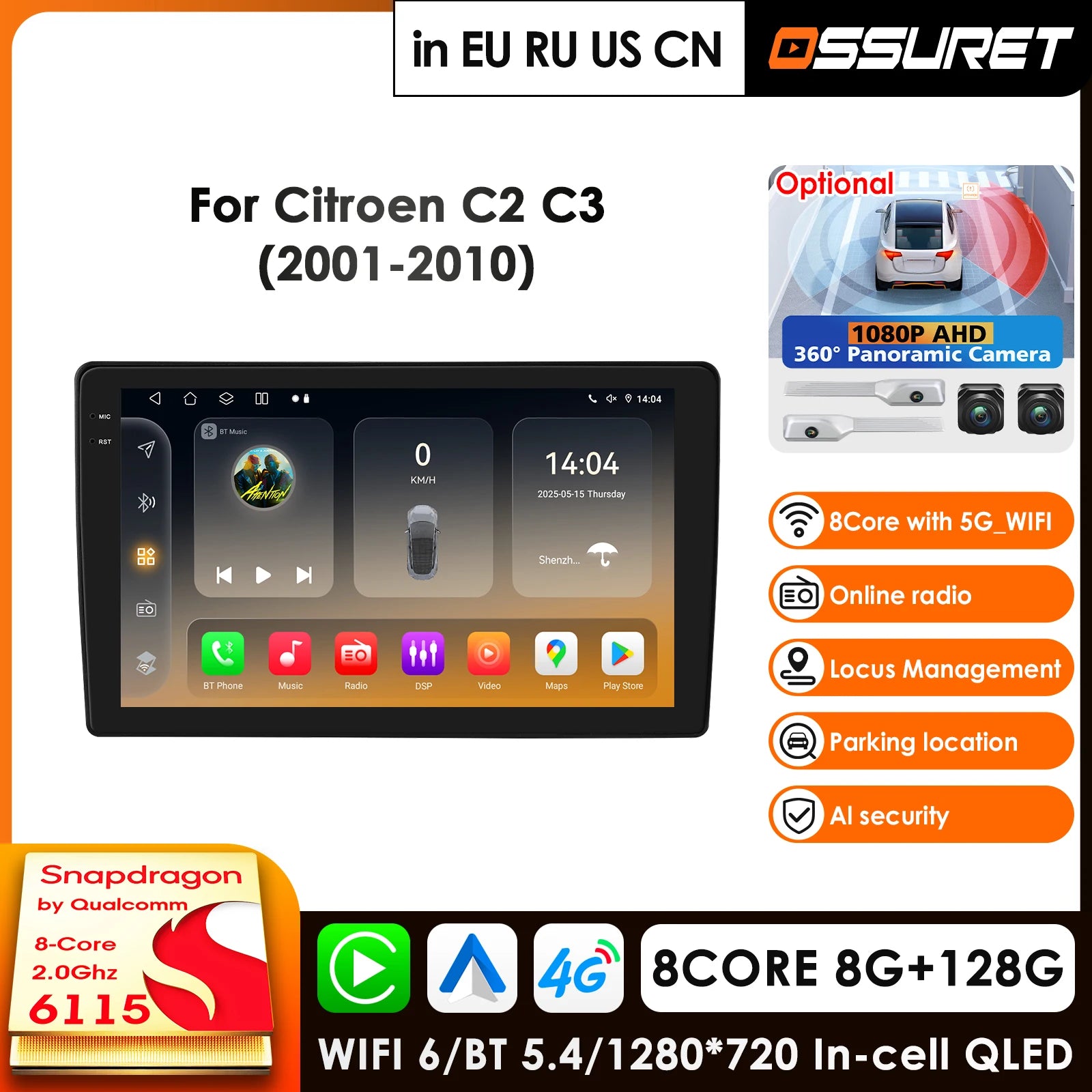 2Din Android 14 Car Multimedia Player for Citroen C2 C3 2001-2010 GPS Carplay 4G AI Intelligent Screen Autoradio 360Cam