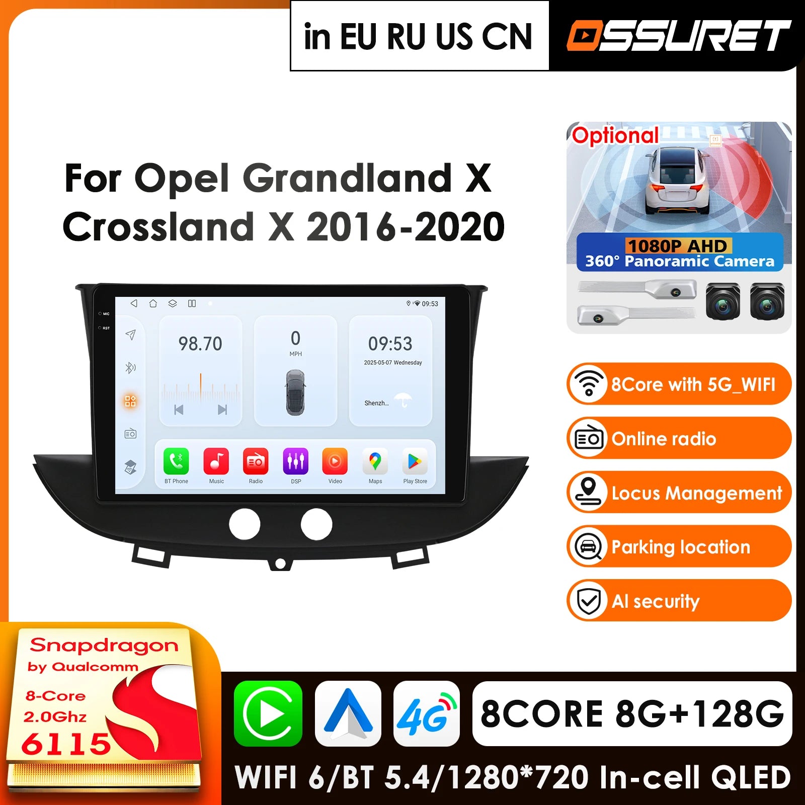 9" Android 14 Car Radio GPS for Opel Grandland X 2016-2020 Crossland X - Qualcomm 8Core 2.0GHz CarPlay 4G 360 Camera