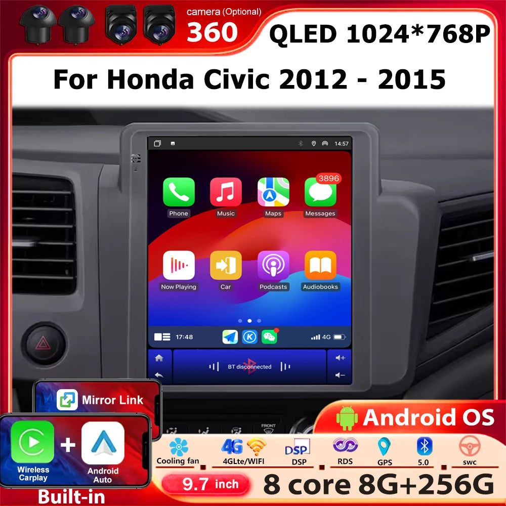 Android 16 Auto For Honda Civic 2012-2015 Car Radio Multimedia Video Player Navigation GPS