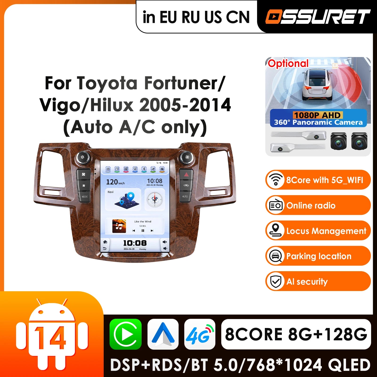 12.3" Car Radio GPS for Toyota Fortuner Vigo Hilux 2005-2014 Auto A/C - Carplay 4G-LTE Android Multimedia Player