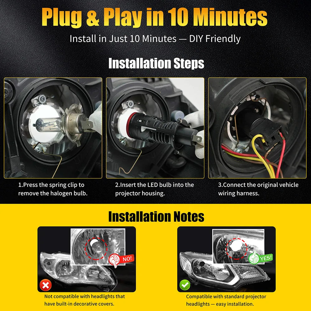 H4 LED Projector lens Car Headlights 85W 6000K 9003 HB2 Auto Lights Bulb H4 High Low Turbo