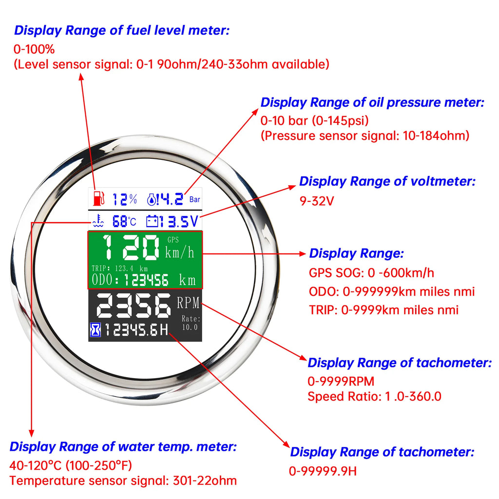 AD 6in1 Multi-functional Digital Gauge 85mm GPS Speedometer Tachometer Oil Pressure Fuel Level G - Automotive LED Light