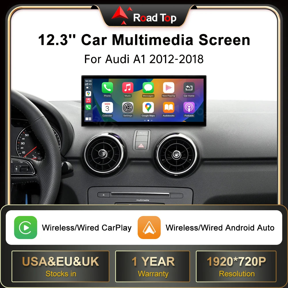 12.3 inch RoadTop For Audi A1 2012-2018 Wireless CarPlay Multimedia IPS Linux Display Andr