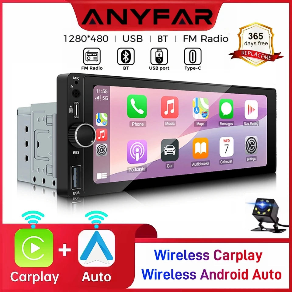 ANYFAR 6.86" 1280*480 1 Din MP5 Player Car Radio Wireless Carplay Android Auto Multimedia  | AUTOKITSHOP