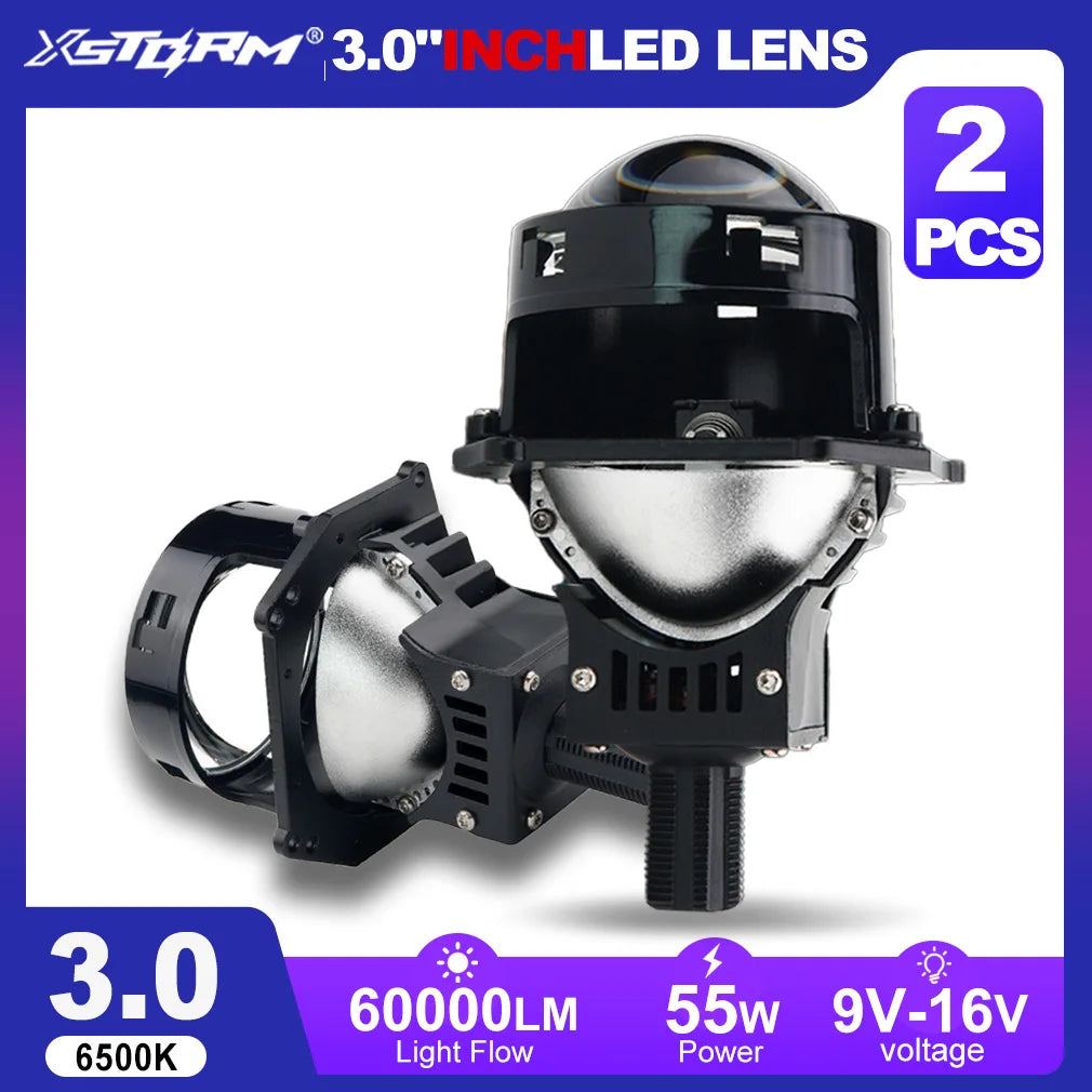 3.0 Inch 55W Bi Led Headlights Two Reflector Lenses Car Headlight 60000LM 6500K Motorcycle