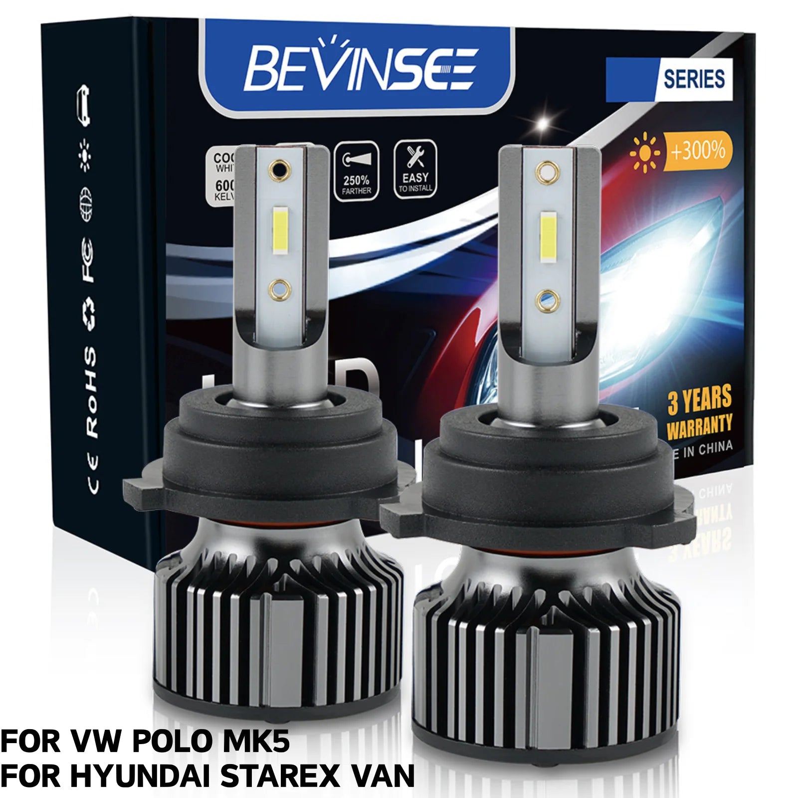 BEVINSEE H7 LED Headlight With Customised Buckle/Adapter, for VW Polo MK5, for SKODA Octav