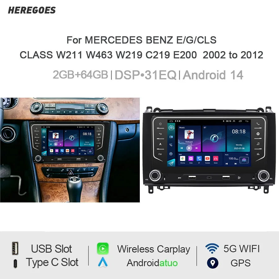7" Car Radio GPS for Mercedes-Benz 2002-2012 - Wireless CarPlay Android Auto Bluetooth Steering Control