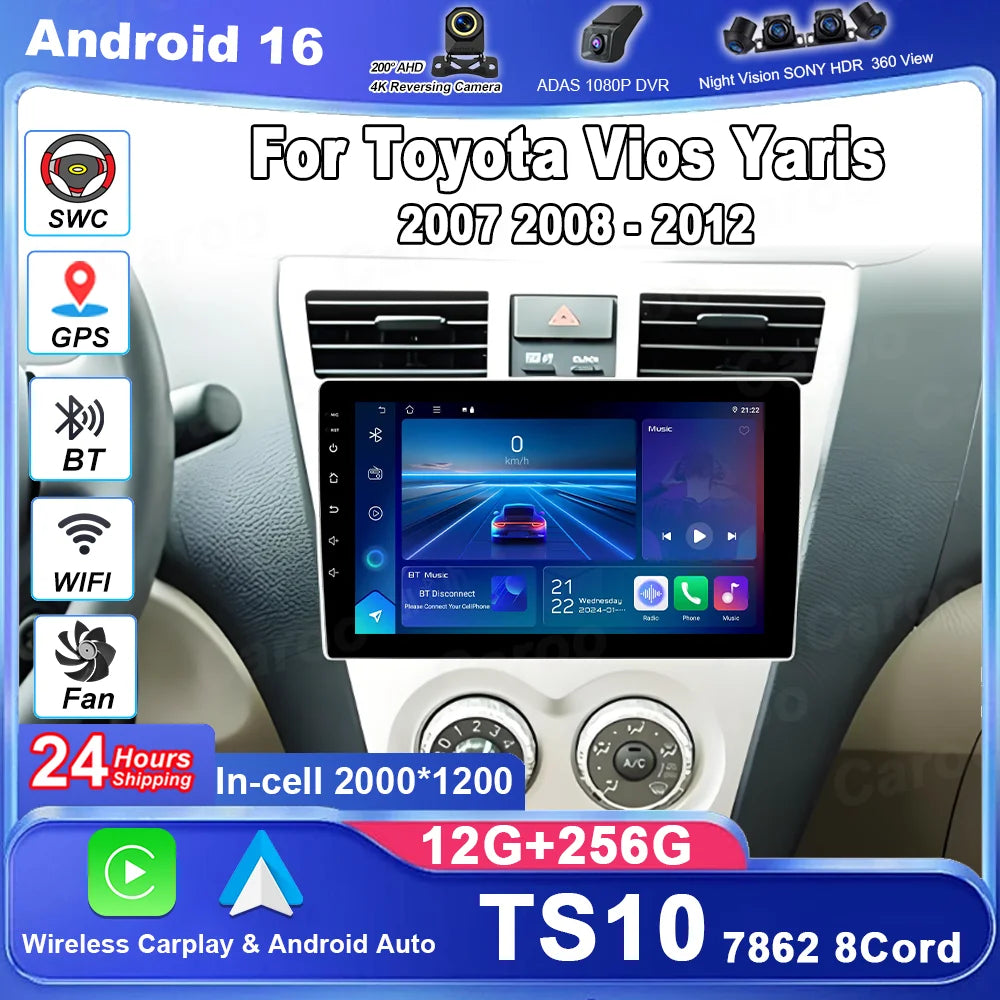 9 inch Android 16 Carplay Auto Car Radio For Toyota Vios Yaris 2007 2008 - 2012 Stereo Hea