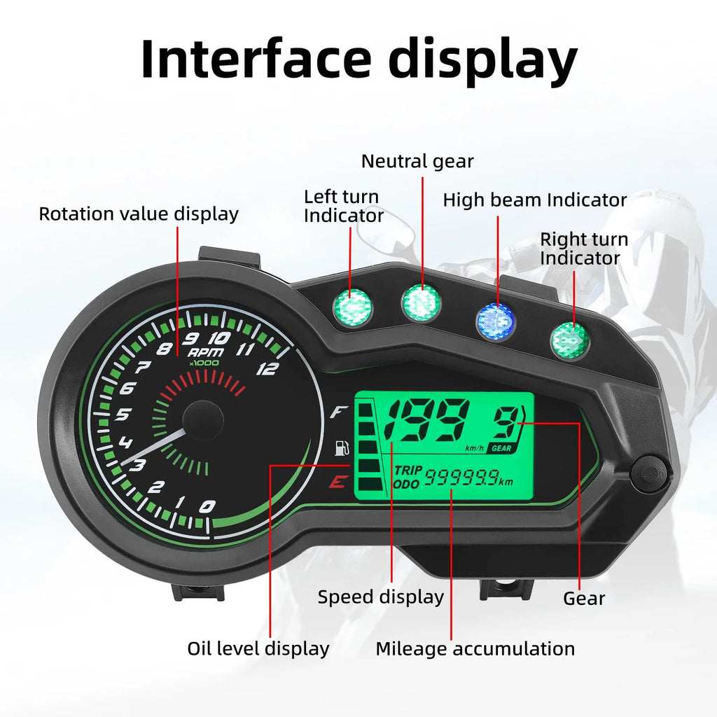 ADQ Motorcycle Speedometer Tachometer 12000 RPM Meter Universal Motor Vehicle GEAR Indicator TRI - Automotive LED Light