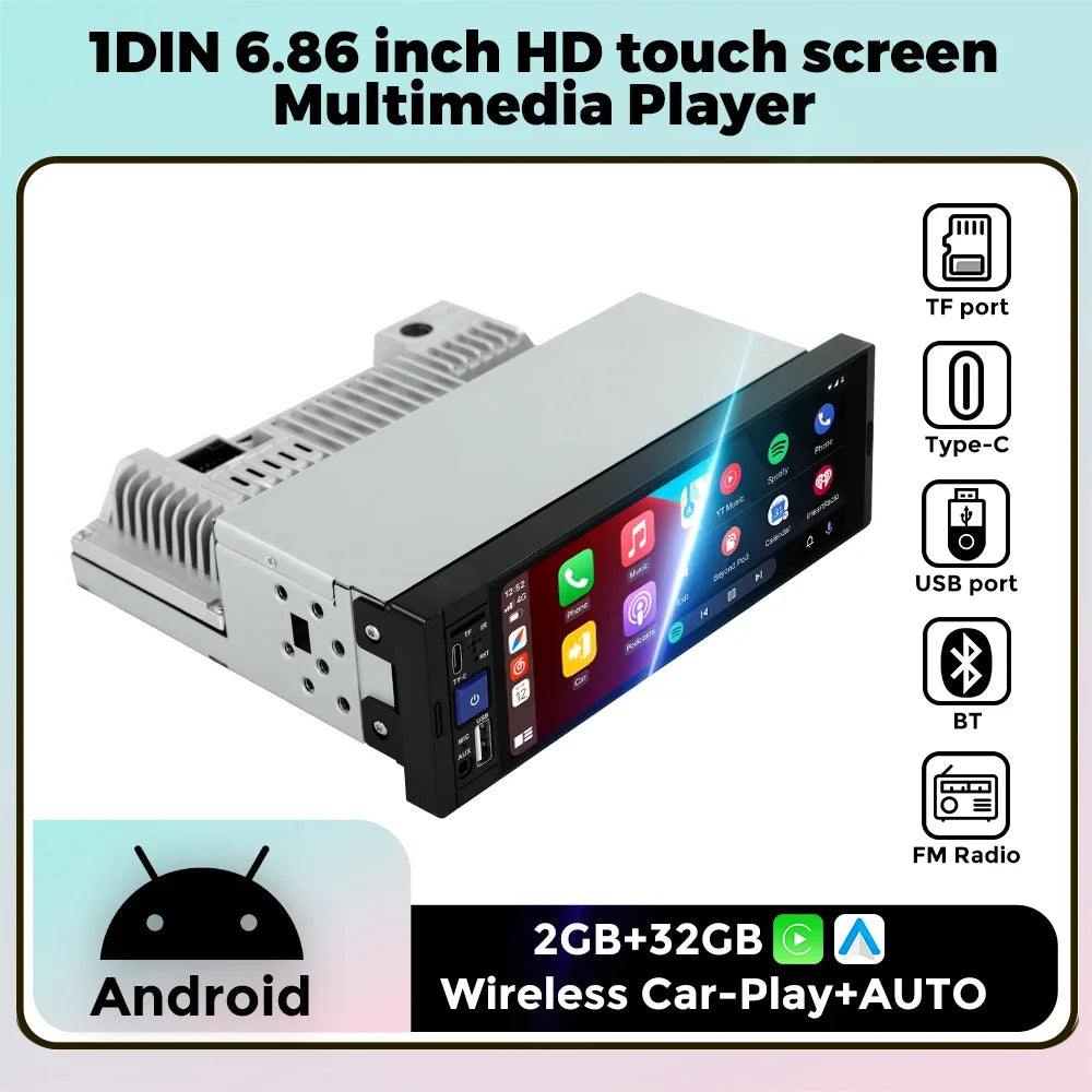 Android 1DIN Car Radio HD Touch Screen Universal Multimedia Support Wireless Carplay AUTO  | AUTOKITSHOP