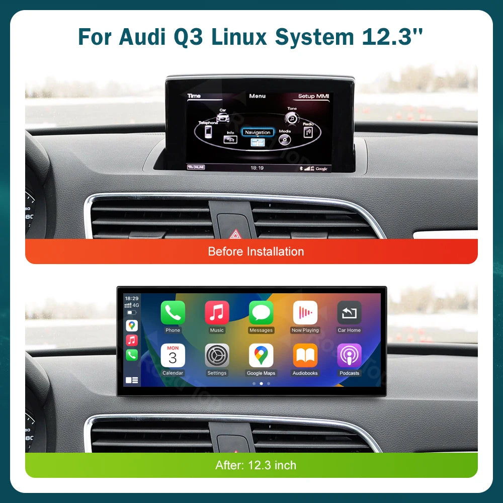 RoadTop 12.3 inch Wireless CarPlay Multimedia Display Android Auto For Audi Q3 2013-2018 A