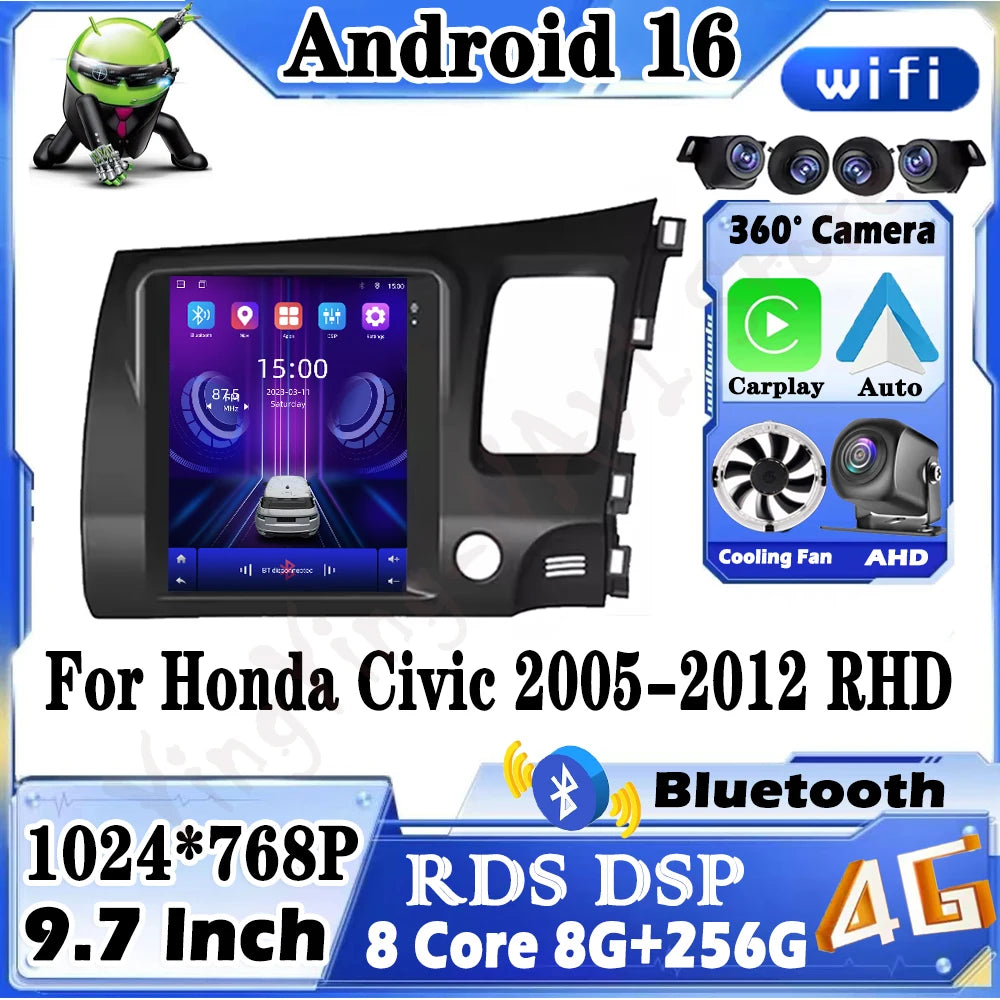 Car Radio For Honda Civic 2005-2012 RHD Android 16 Multimedia Player CarPlay DSP IPS RDS S