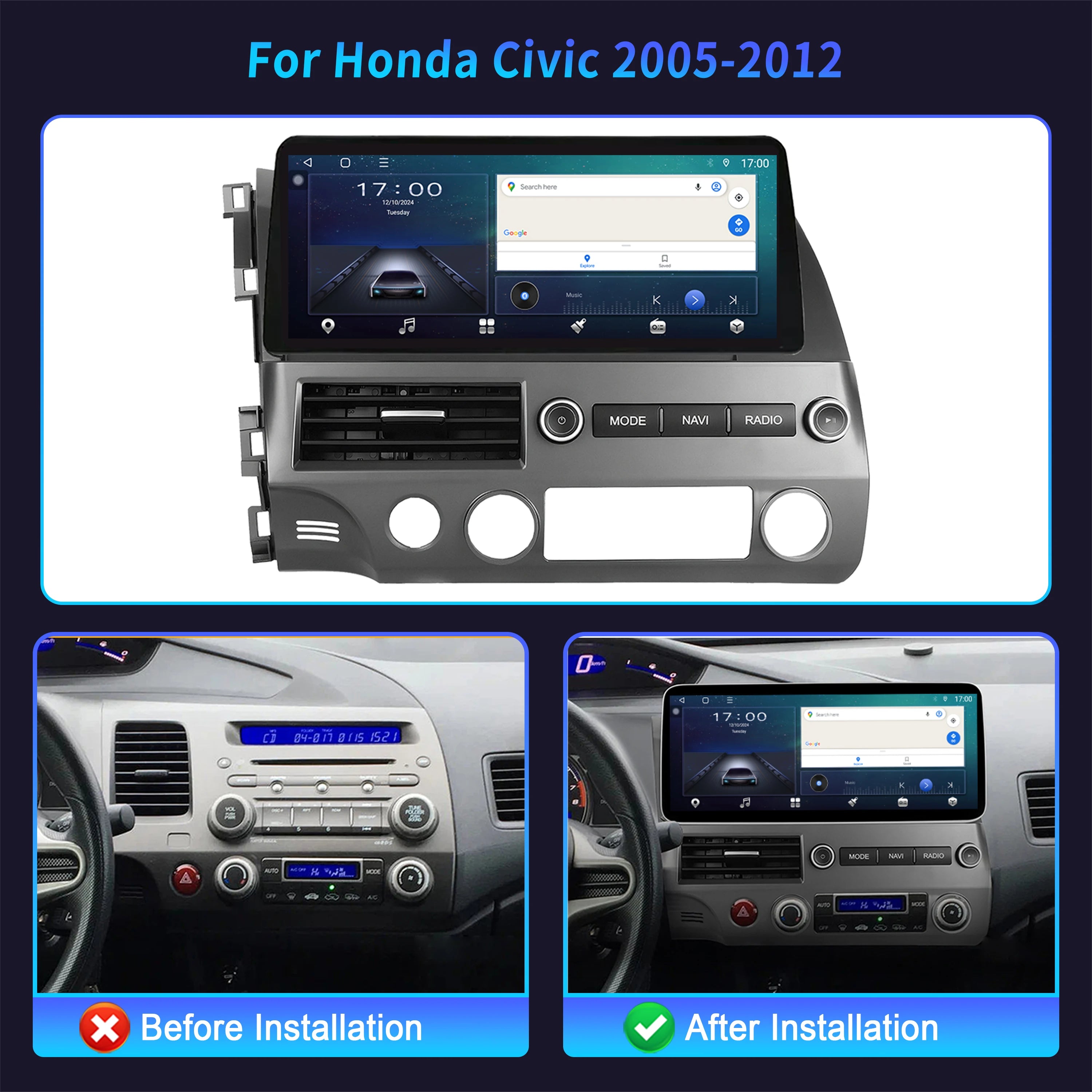 12.3 inch For Honda Civic 2005 2006 2007 2008 -2012 Car Radio Multimedia Navigation Wirele