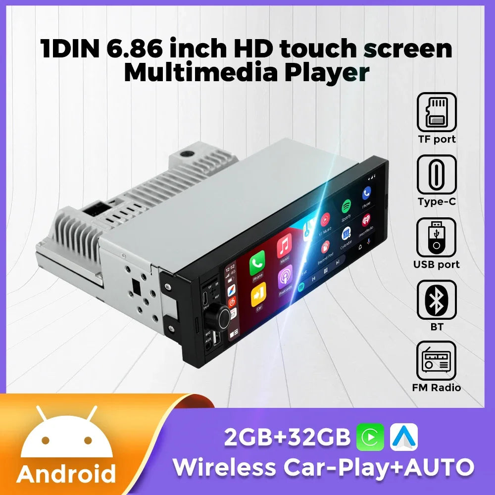 Android Universal 1din Car Multimedia Player 6.86inch HD Touch Screen FM Radio Support Wir | AUTOKITSHOP