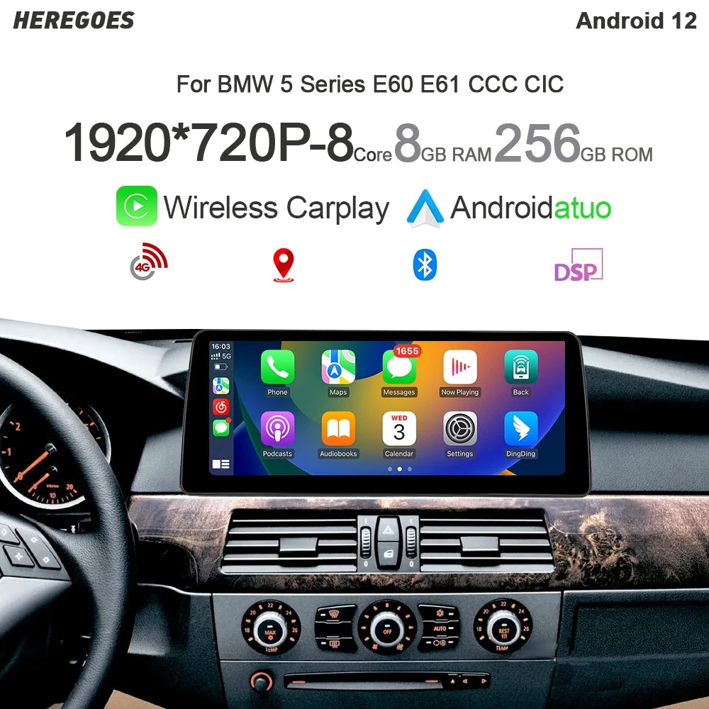 12.3" QLED Android 12 Car Radio GPS Multimedia Player with Carplay Bluetooth WiFi for BMW 5 Series E60 E61 CIC CCC - 32G