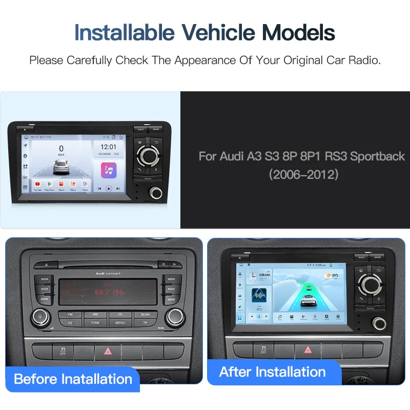 SZLELV Car Radio Android 15 Auto For Audi A3 8P S3 RS3 Sportback Multimedia GPS 4G Autorad