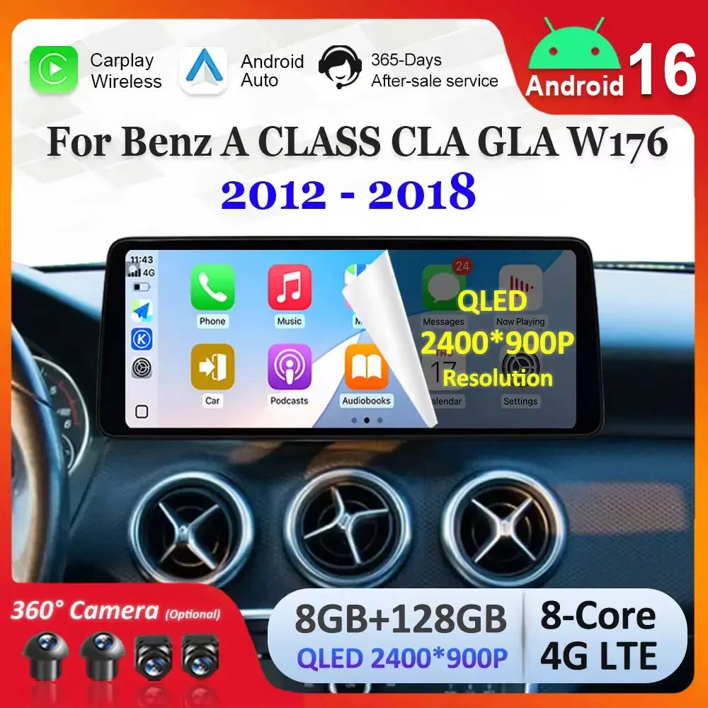 Ultra-thin QLED Screen Android 16 Auto Carplay for Benz A CLASS CLA GLA W176 2012 - 2018 C