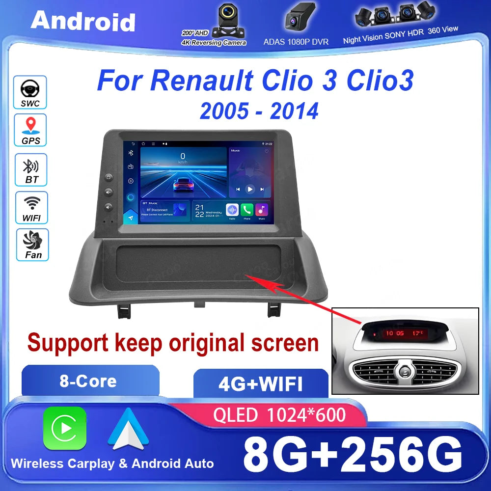 Android 16 Carplay Android Auto For Renault Clio 3 Clio3 2005 2006 2007 2008 2009 - 2014 M