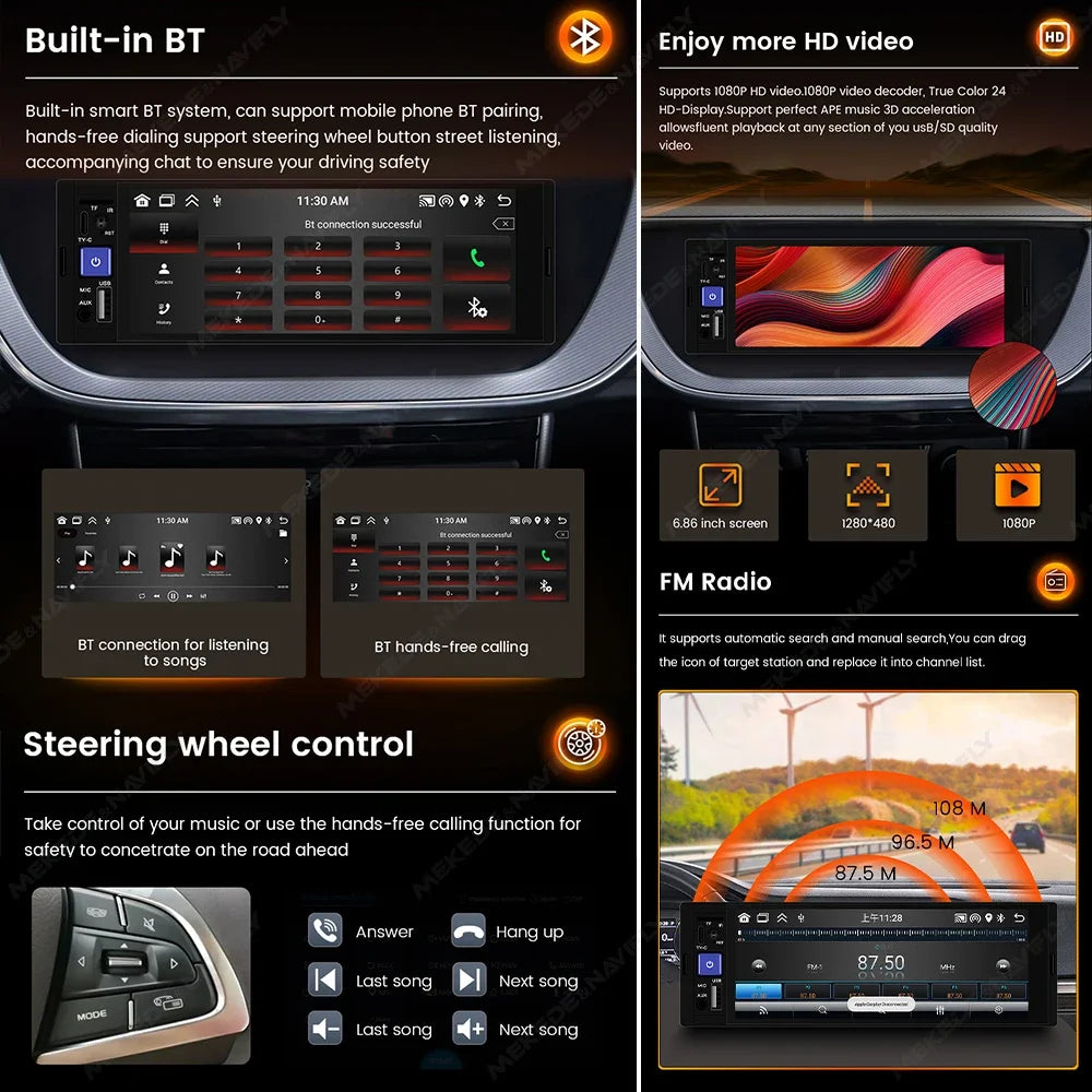 Android 1DIN Car Radio HD Touch Screen Universal Multimedia Support Wireless Carplay AUTO  | AUTOKITSHOP