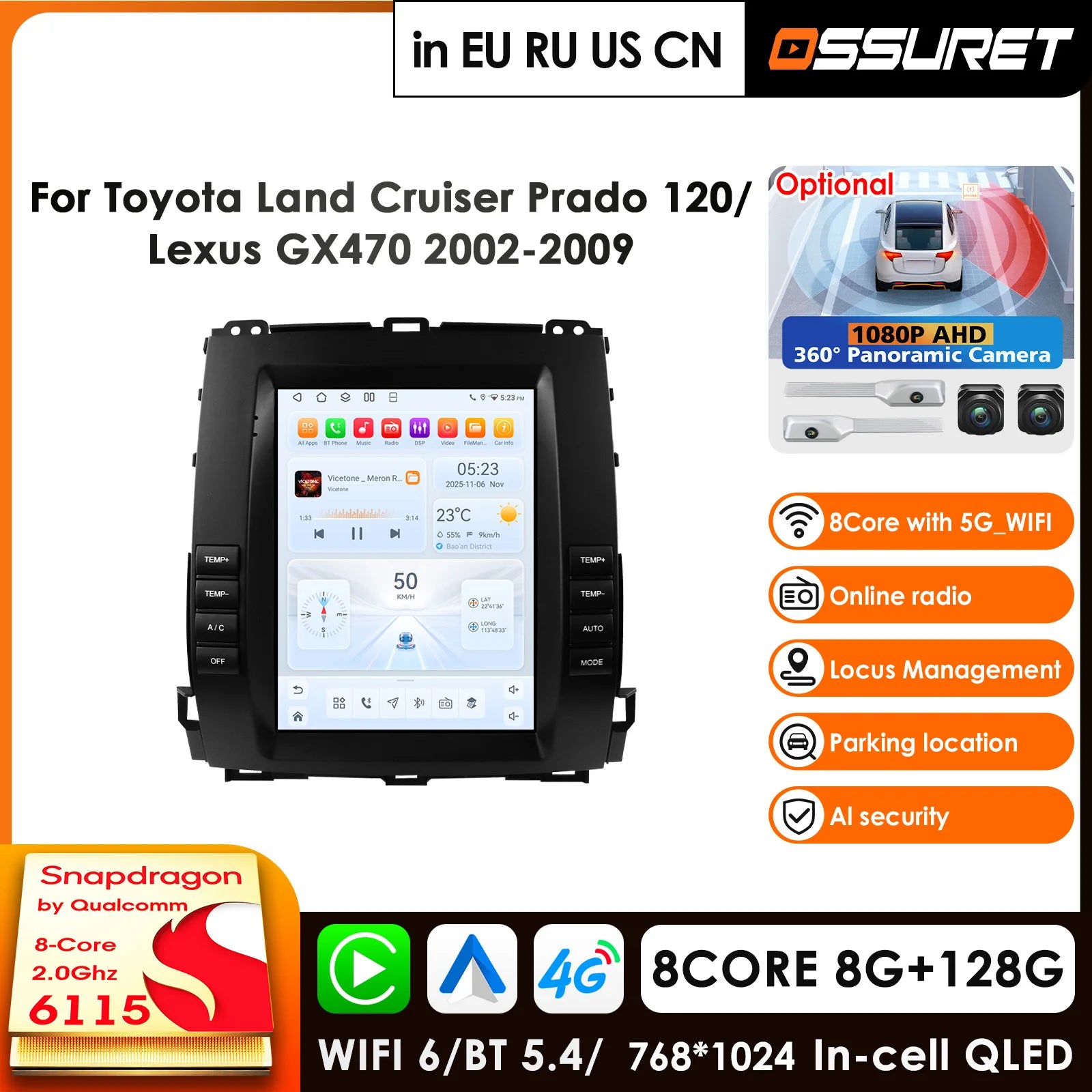 12.3" Android 14 Car Radio GPS for Toyota Land Cruiser Prado 120 Lexus GX470 2002-2009 - Multimedia Carplay Auto with 8
