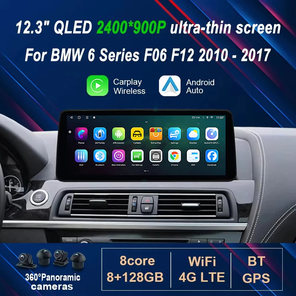 Car Radio Video Multimedia Player Wireless Carplay 12.3" ultra-thin Android 14 for BMW 6 S