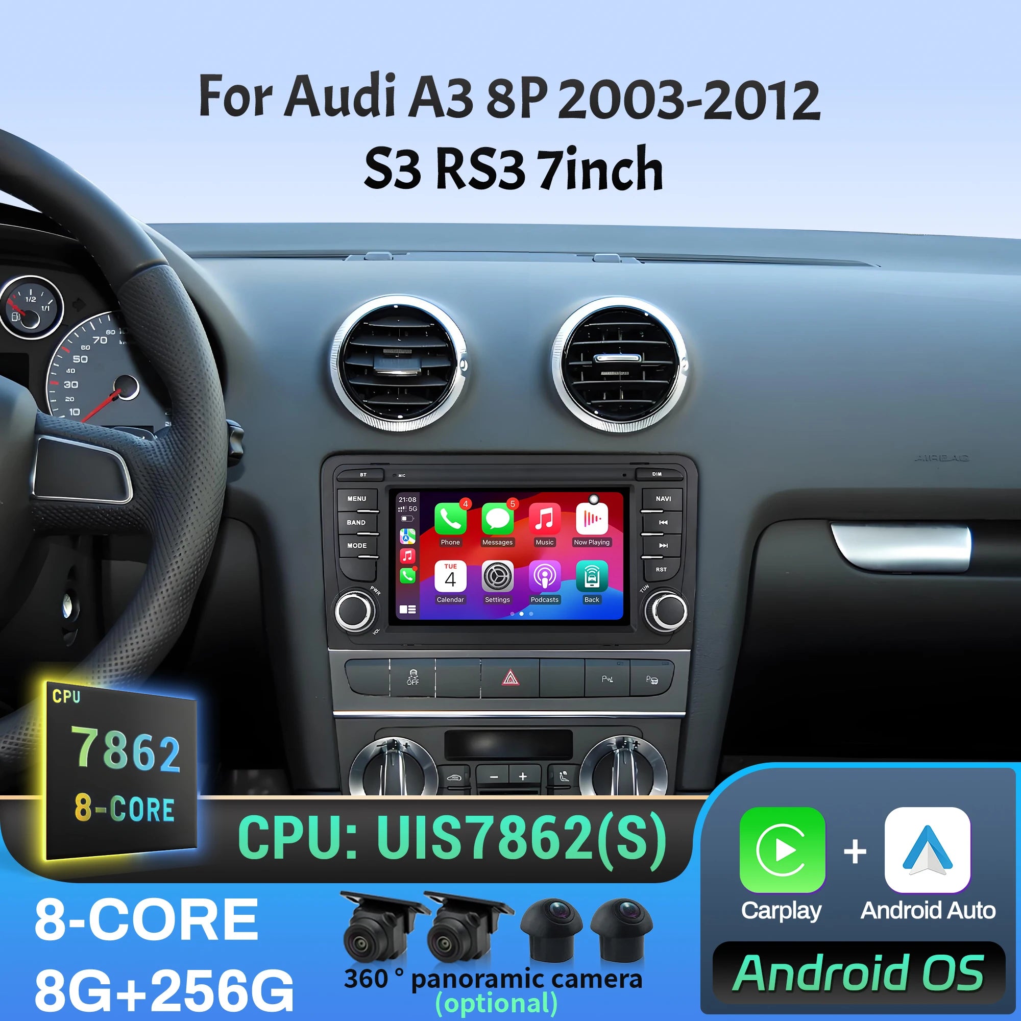 7 inch For Audi A3 8P 2003-2010 2011 2012 S3 RS3 Car Radio Wireless Bluetooth CarPlay Andr