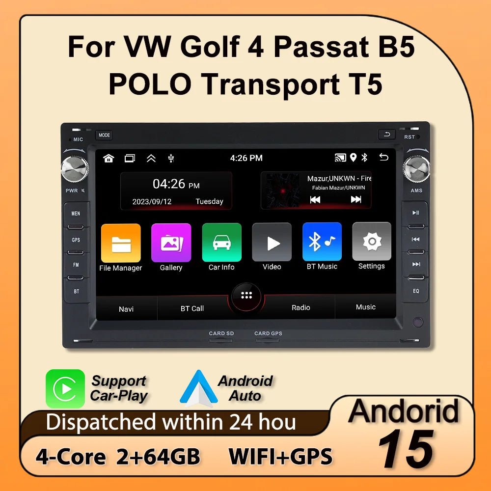 For VW Passat B5 MK4 MK5 Golf 4 Polo Bora Jetta T5 Android 15 2+64G 2 Din Car Radio Wirele